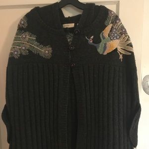 Anthropologie Sleeping On Snow Embroidered Peacock Cape GORGEOUS